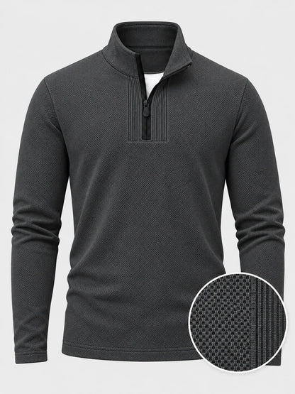 Golf-Pullover aus Funktionsmaterial in Anthrazitgrau mit feiner Mikrorippstruktur und Viertelreißverschluss