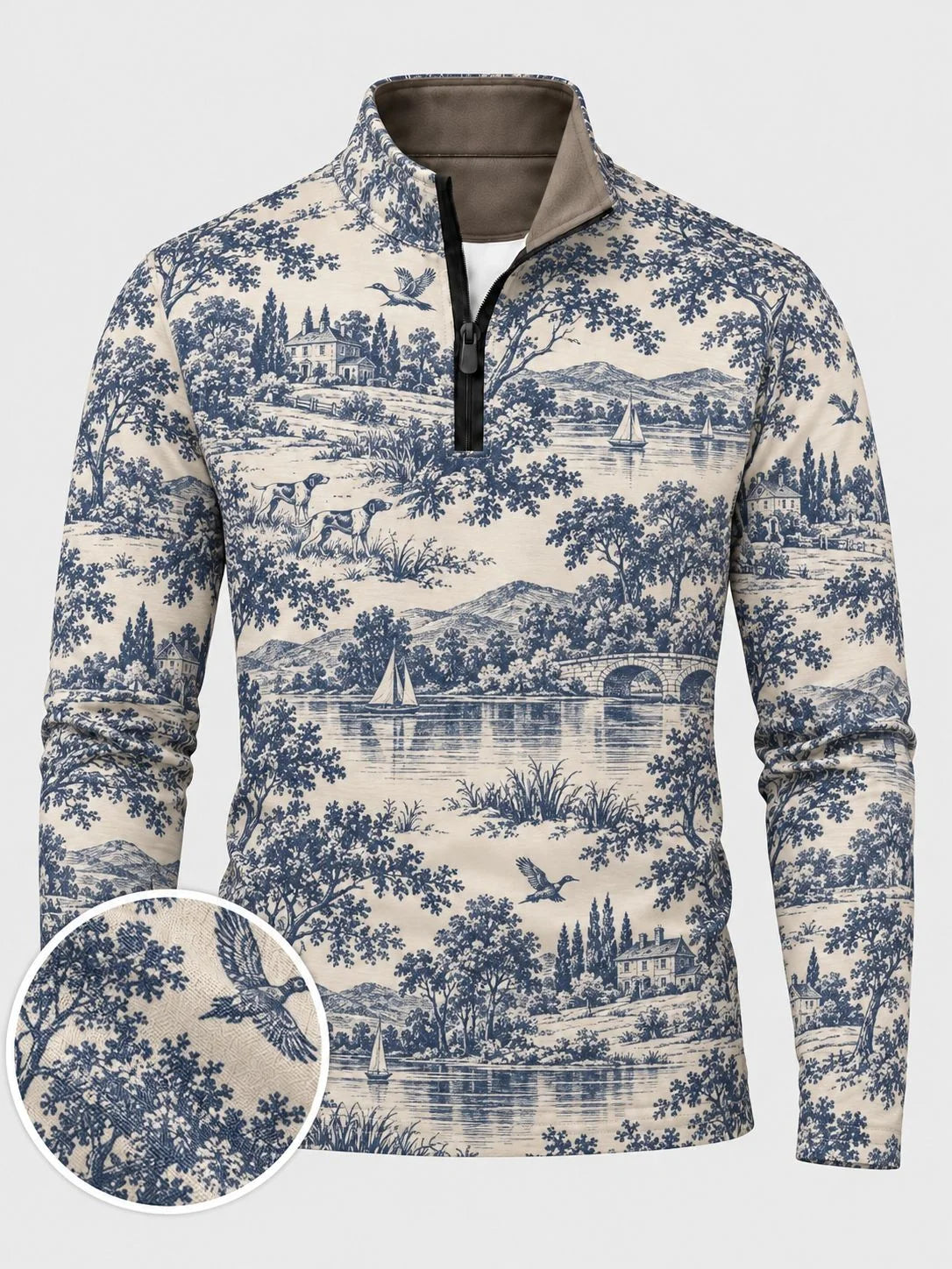 Blau-cremefarbener Golfpullover im Country-Stil mit Viertelreißverschluss