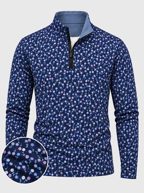 Performance-Pullover in Marineblau mit lavendelfarbenem Blumenmuster und Viertelreißverschluss