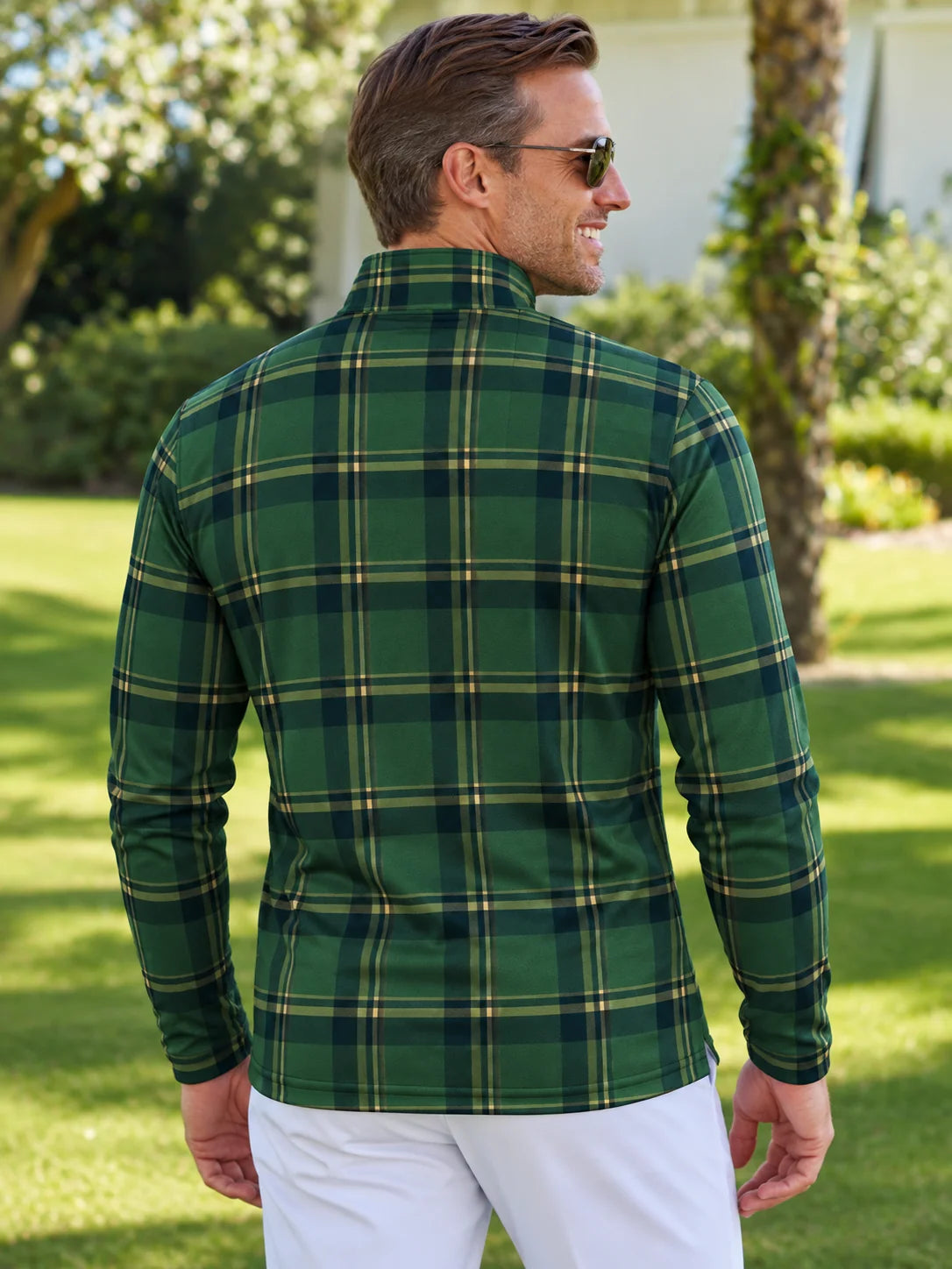 Waldgrüner Golf-Pullover mit Tartan-Karomuster und Viertelreißverschluss – Performance-Style