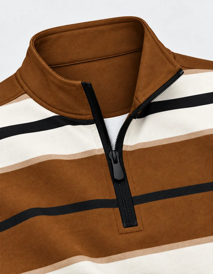 Golf-Pullover mit breiten Streifen in Espressobraun, Elfenbein und Schwarz und Viertelreißverschluss aus Funktionsmaterial