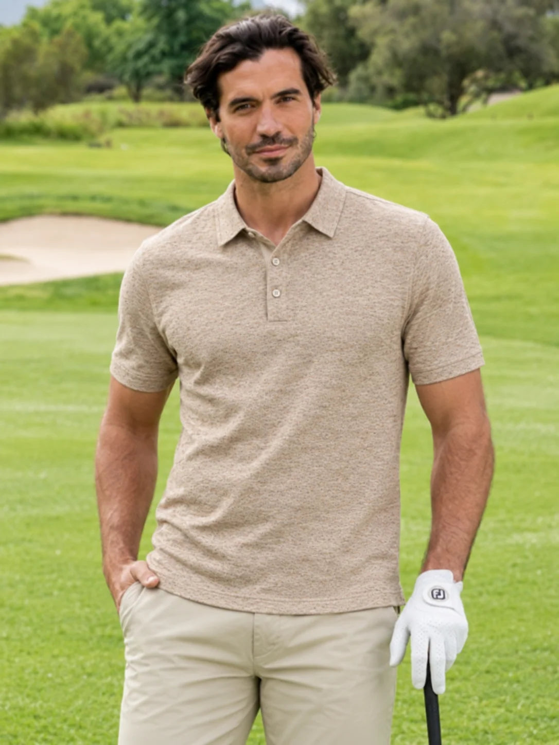 Meliertes Golf-Performance-Poloshirt in Haferbeige