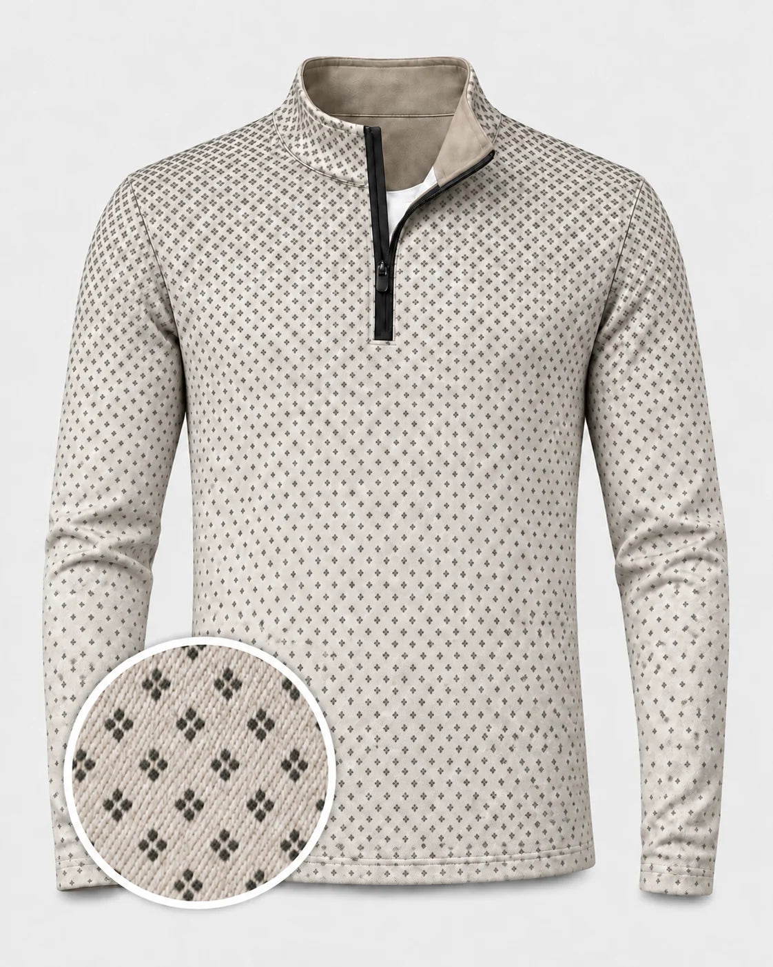 Elfenbeinfarbener Quarter-Zip-Pullover mit Farbverlauf und feinem Mikro-Muster