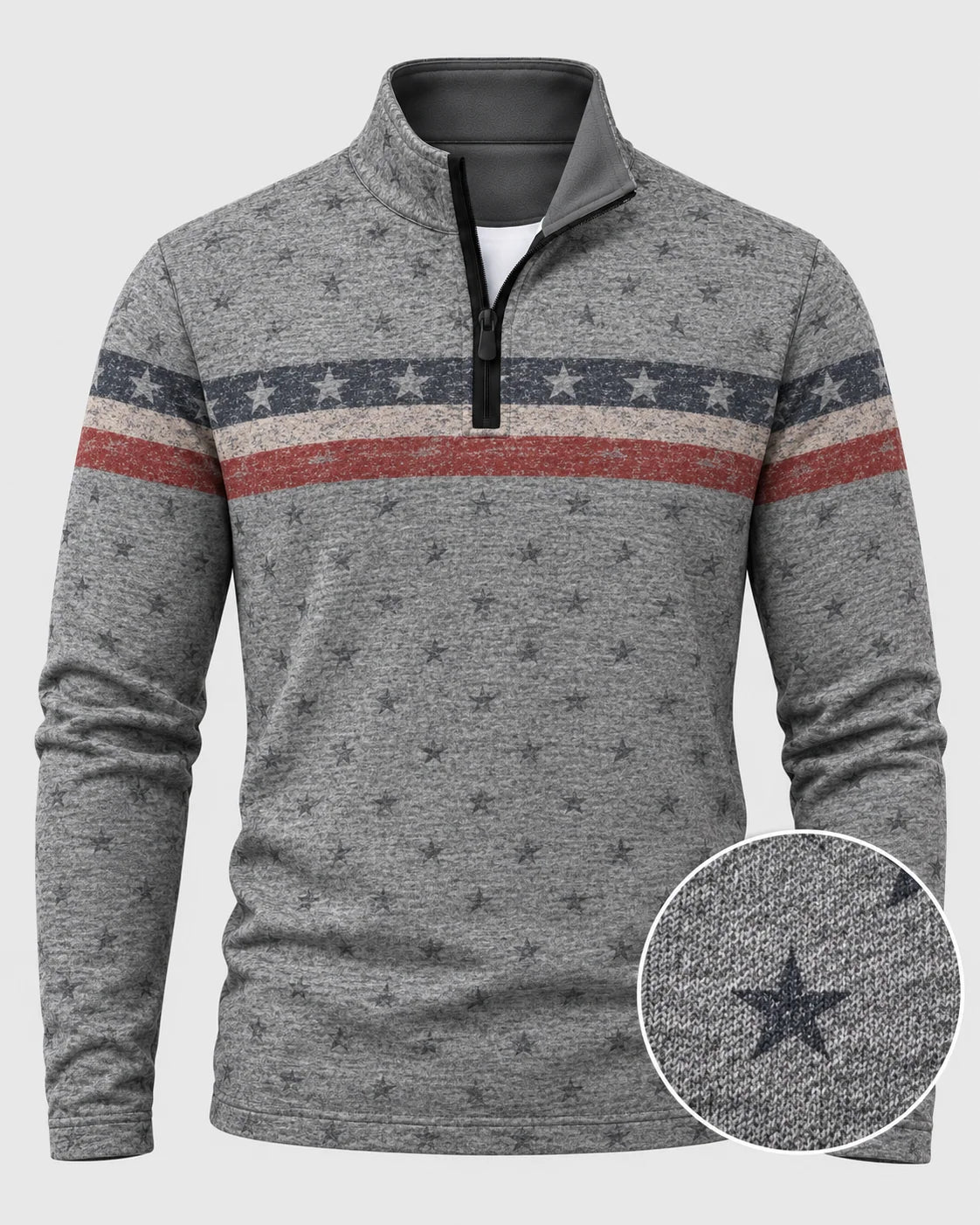 Grauer Golfpullover für Herren mit Sternen- und Streifenmuster und Viertelreißverschluss