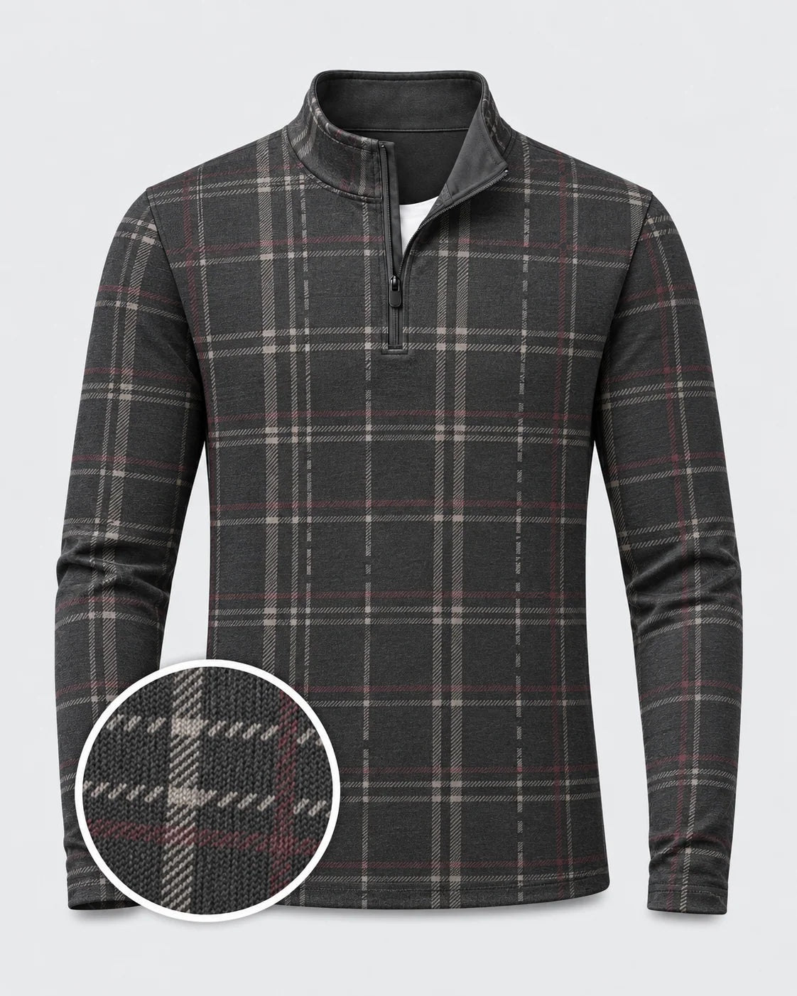 Anthrazitfarbener Heritage-Pullover mit Karomuster und kurzem Reißverschluss