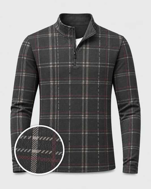 Anthrazitfarbener Heritage-Pullover mit Karomuster und kurzem Reißverschluss