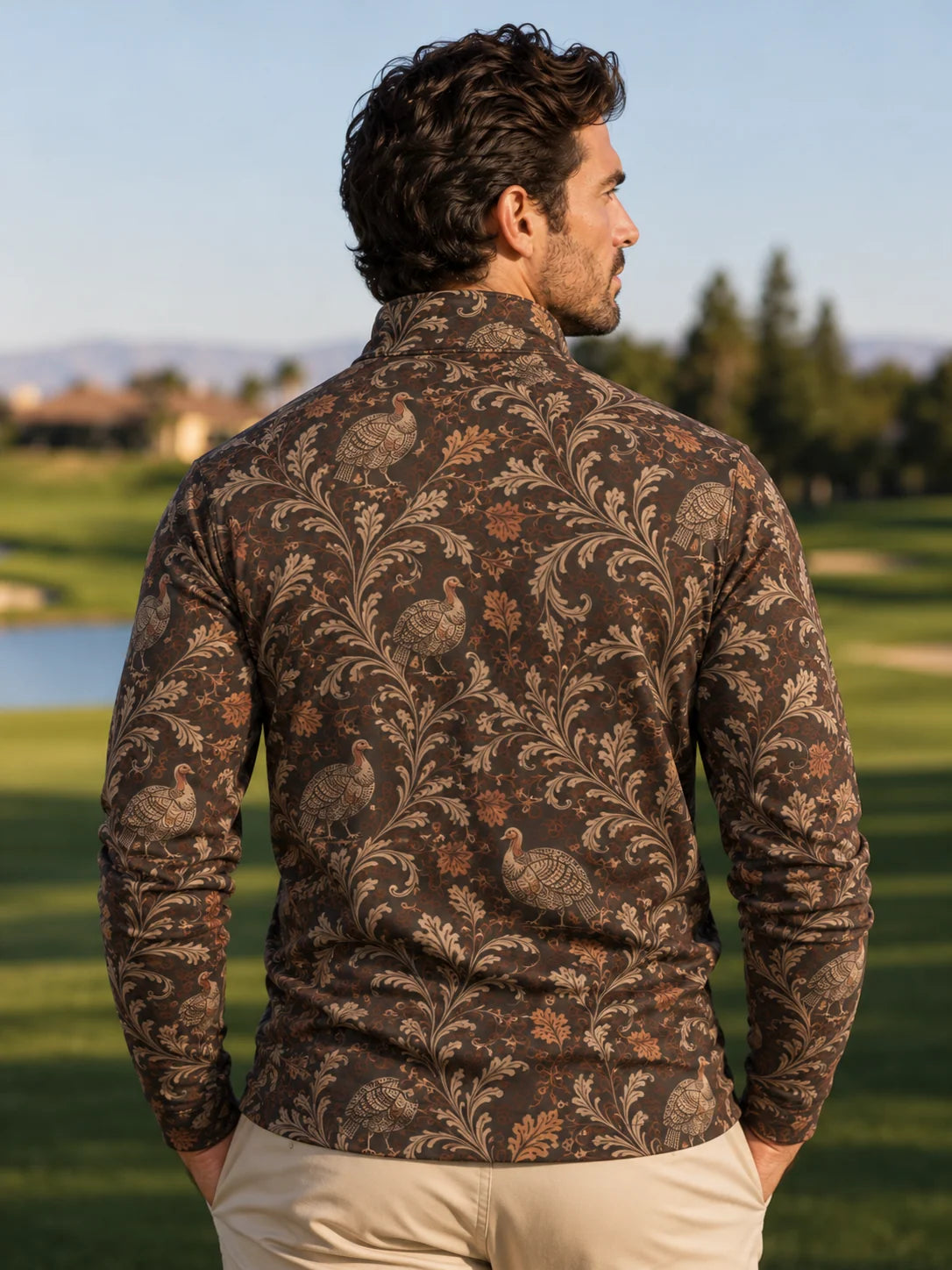 Dunkelbrauner Vintage-Golfpullover mit Truthahnmuster und Viertelreißverschluss aus Funktionsmaterial