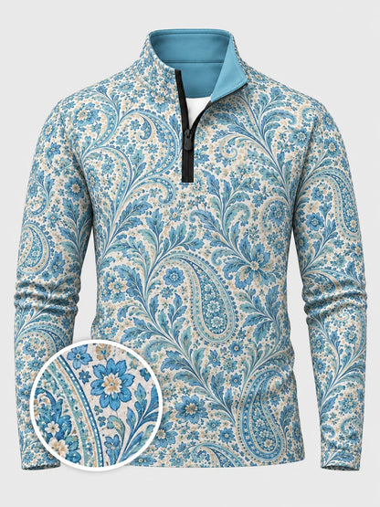 Golfpullover in Himmelblau mit floralem Paisley-Muster, Funktionsmaterial und Viertelreißverschluss