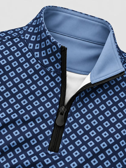 Navyblauer Performance-Pullover mit Rautenmuster und kurzem Reißverschluss