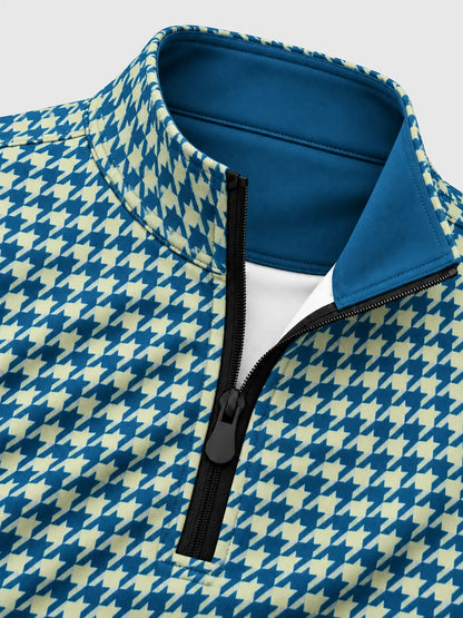 Golf-Pullover mit Viertelreißverschluss und Hahnentrittmuster in Blau