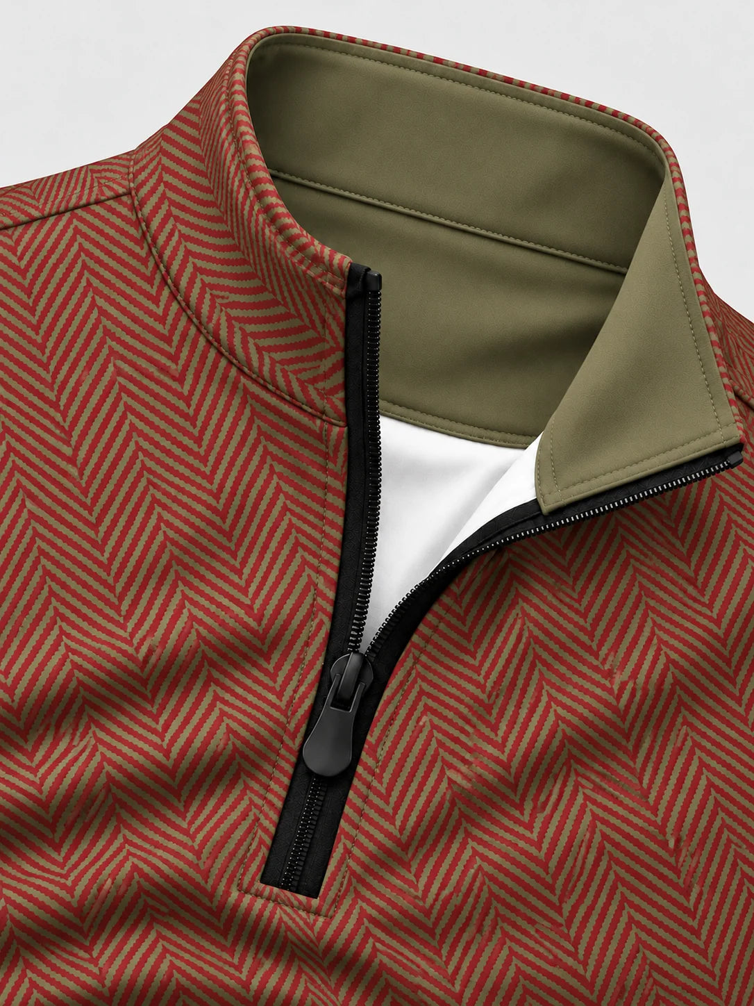 Golfpullover in Burgunderrot und Olivgrün mit Fischgrätmuster und Viertelreißverschluss