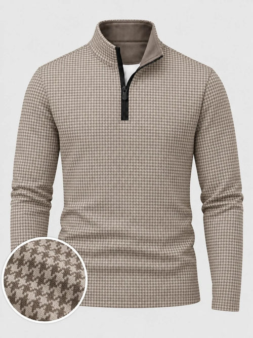 Klassischer Golfpullover für Herren in Taupe mit Hahnentrittmuster und Viertelreißverschluss