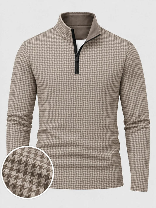 Klassischer Golfpullover für Herren in Taupe mit Hahnentrittmuster und Viertelreißverschluss