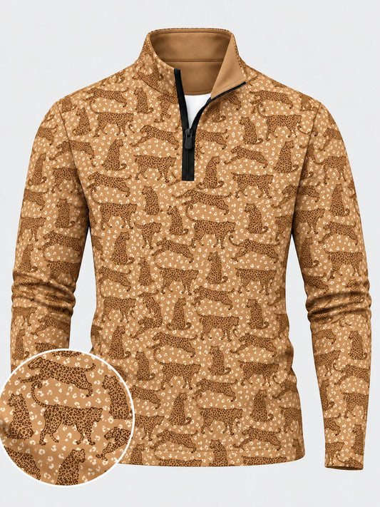 Performance-Pullover in Camel mit Leopardenmuster und Viertelreißverschluss