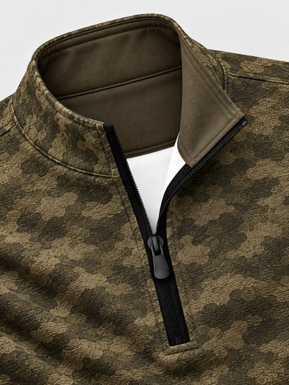 Olivgrüner Golfpullover mit Camouflage-Muster, Funktionsmaterial und Viertelreißverschluss