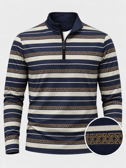 Marineblauer Golf-Pullover mit elfenbeinfarbenem und goldenem Streifenmuster und Viertelreißverschluss aus Funktionsmaterial