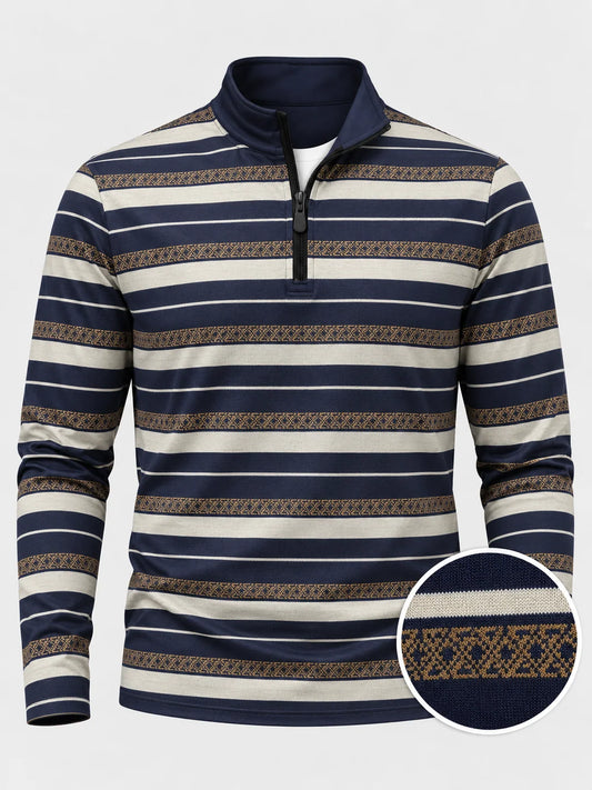 Marineblauer Golf-Pullover mit elfenbeinfarbenem und goldenem Streifenmuster und Viertelreißverschluss aus Funktionsmaterial