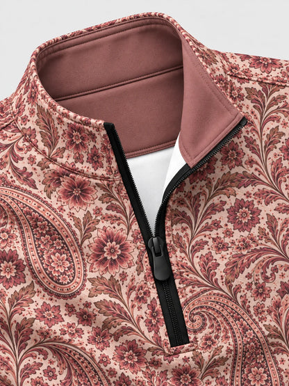 Golfpullover in Altrosa mit floralem Paisley-Muster, Funktionsmaterial und Viertelreißverschluss