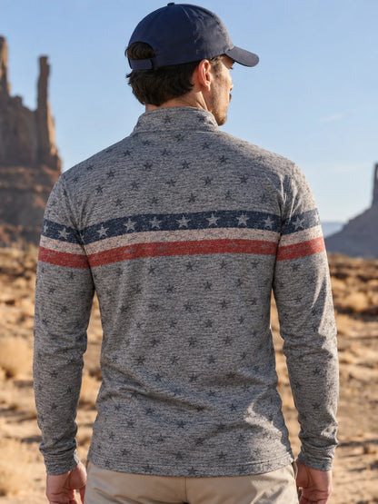 Grauer Golfpullover für Herren mit Sternen- und Streifenmuster und Viertelreißverschluss