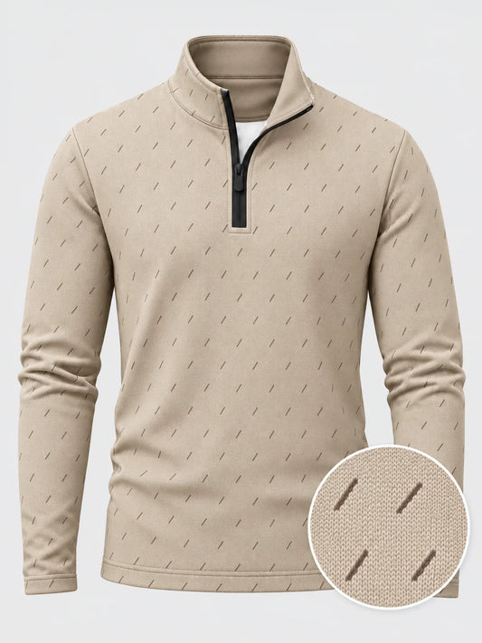 Performance-Golfpullover in Elfenbeinbeige mit feinem Strichmuster und Viertelreißverschluss