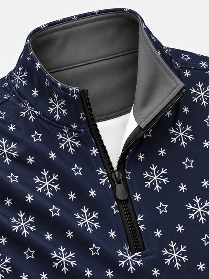 Golfpullover in Marineblau mit weihnachtlichem Schneeflockenmuster und Viertelreißverschluss